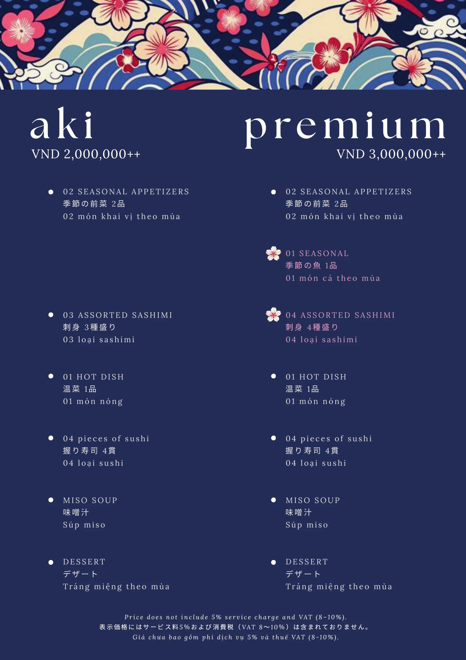 Current seasonal Aki and Premium omakase menu